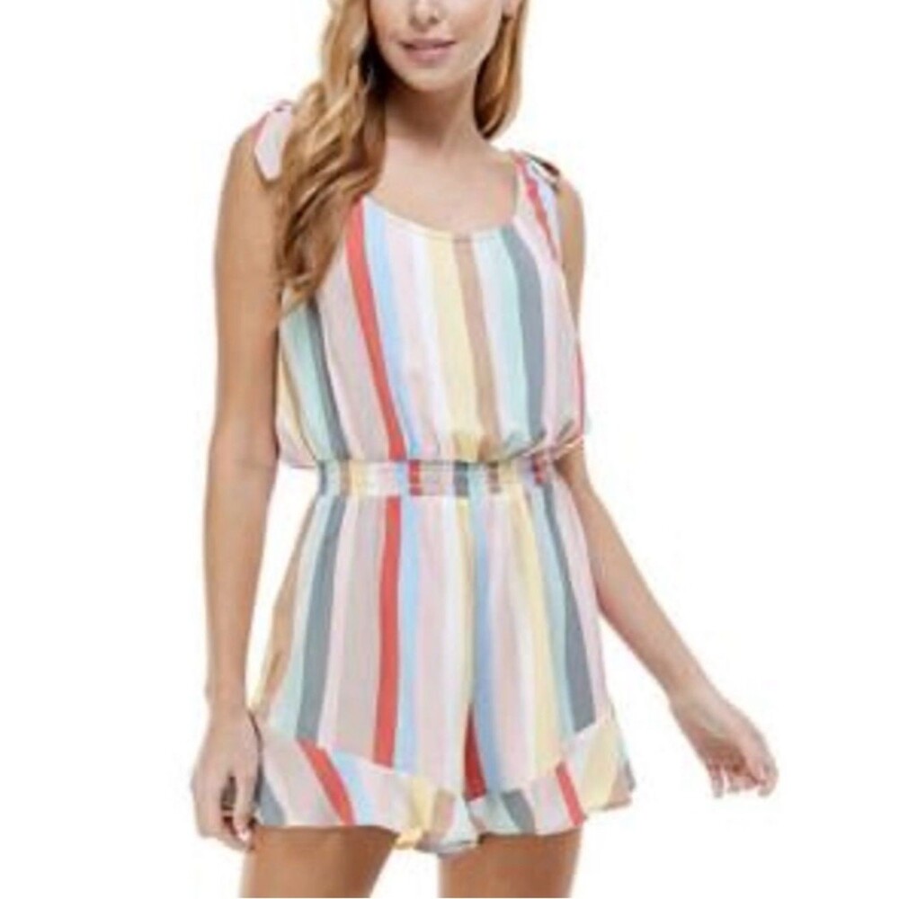 Kingston Grey Striped Pastel Tie-Shoulder Romper Ruffle Hem Elastic Waist - XS